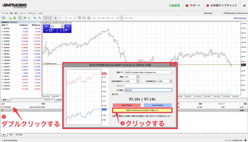 チャート画面:決済注文