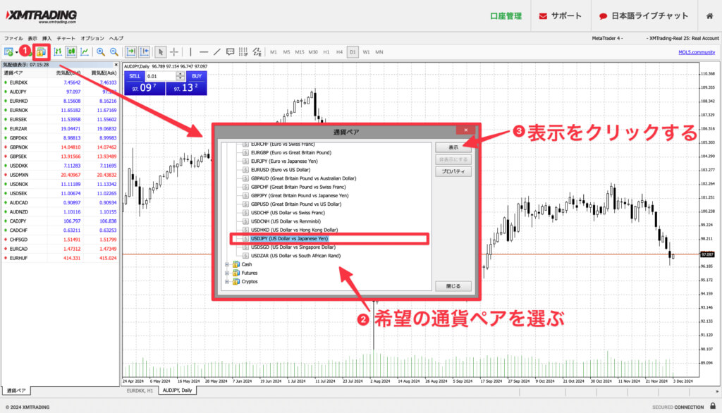 チャート画面:通貨ペア表示方法