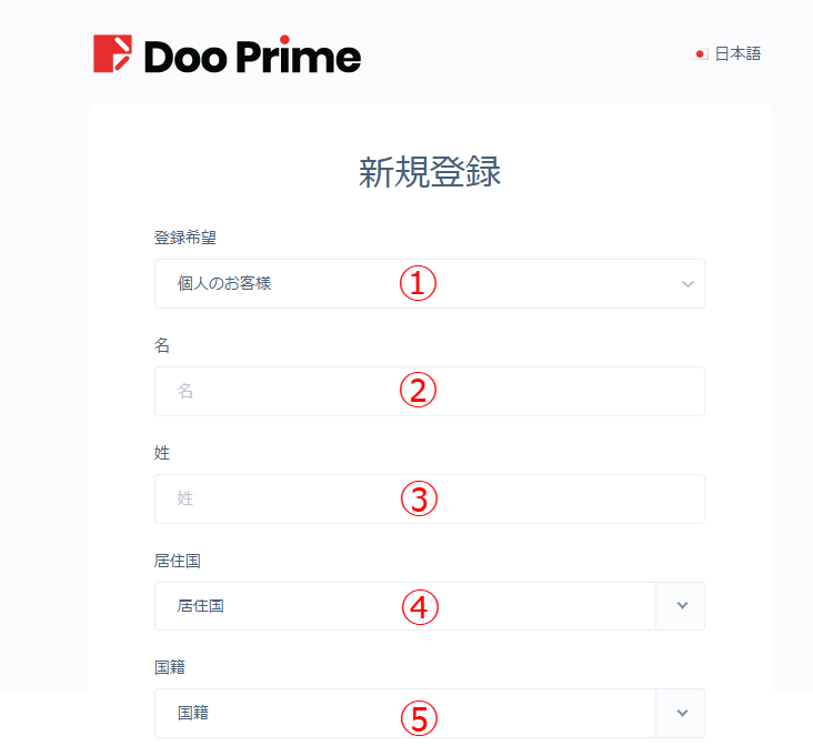 名前や居住国などを入力