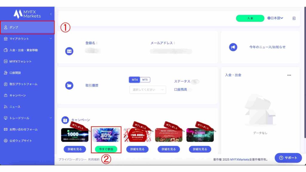 MYFX Markets ボーナス画面
