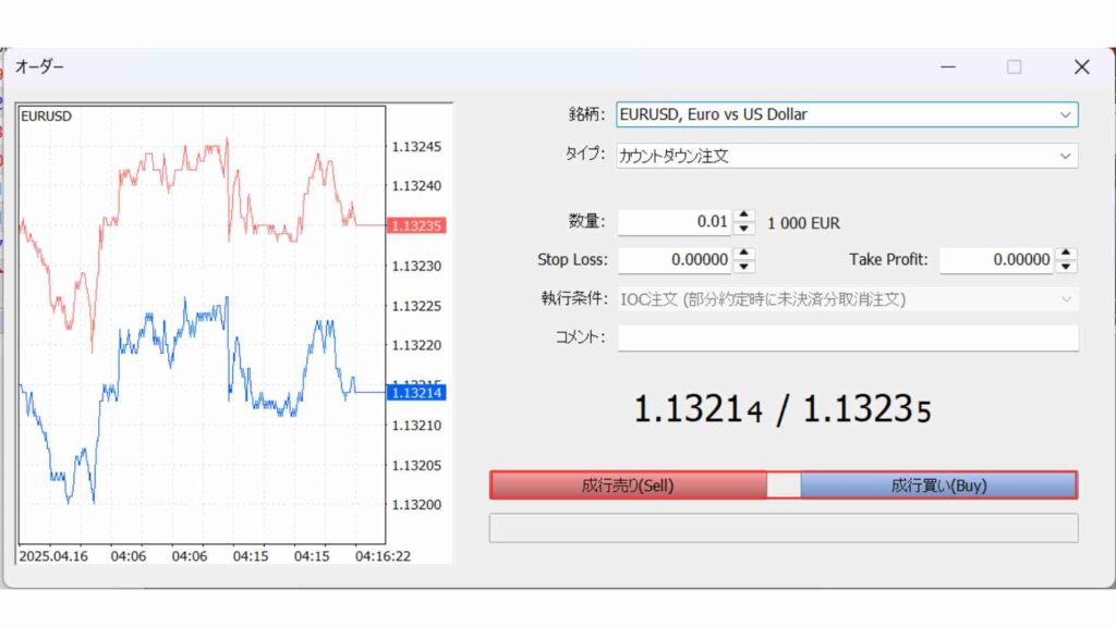 MT5の通貨ペア注文画面