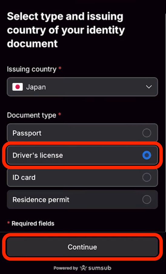 本人確認書類選択画面