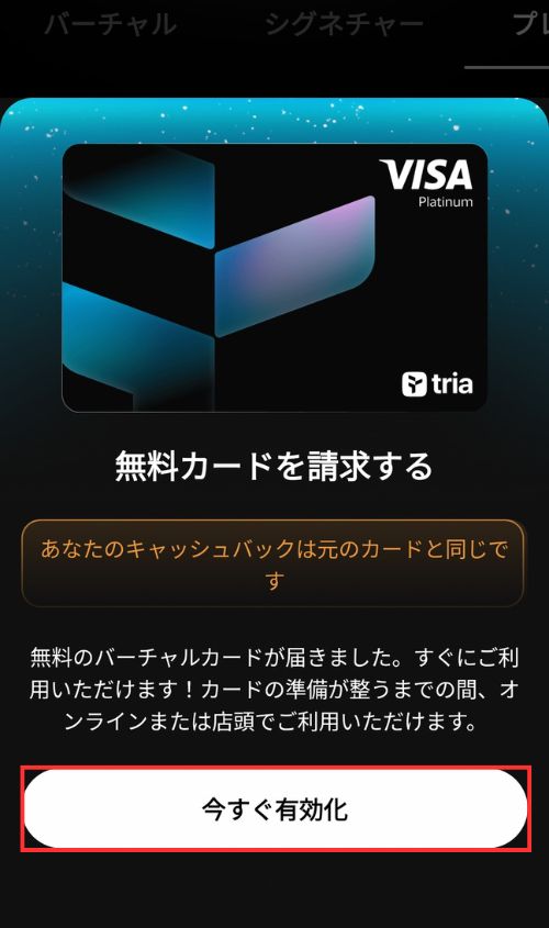 バーチャルカード有効化画面